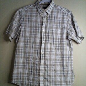 Hart Schaffner Marx Shirt Men M Button Down Short Sleeve Plaid Tan Blue